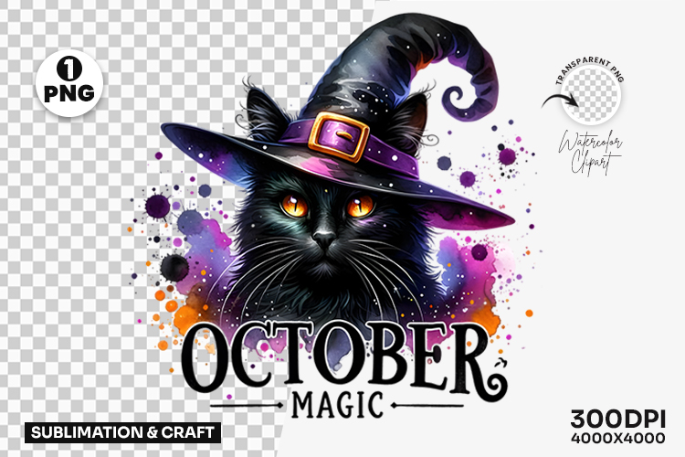 Halloween October Magic Black Cat Witch Hat PNG Clipart