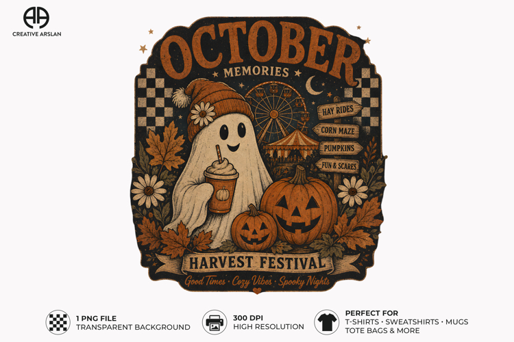 October Memories Vintage Ghost PNG Sublimation Design