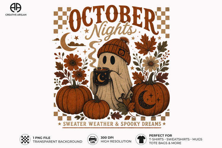Bring cozy autumn evenings to your creative projects with this October Nights Ghost Fall PNG Sublimation Design.