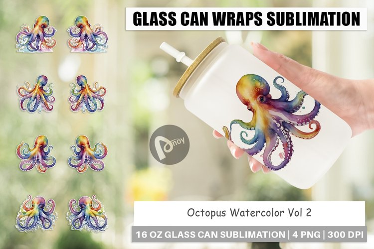 Glass Can Wraps Octopus Watercolor