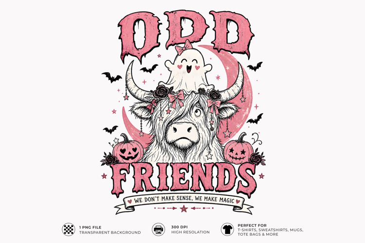 Odd Friends Highland Cow Ghost Halloween PNG T-Shirt Design