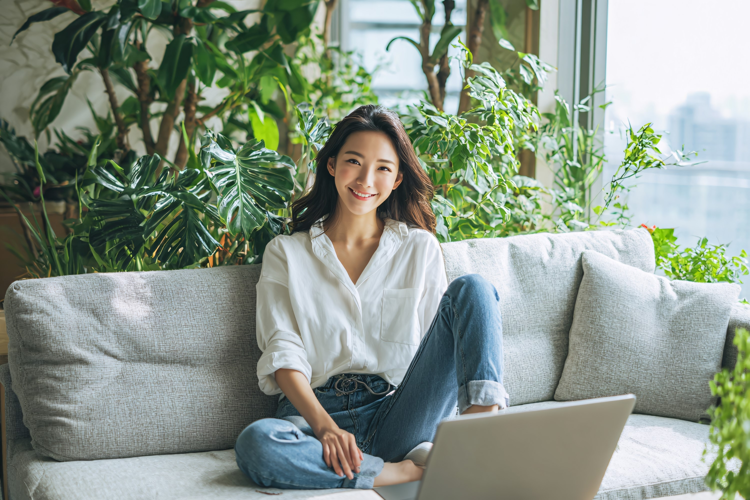 Young Asian man working on laptop in bright, modern home