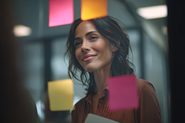 Businesswoman Using Sticky Notes on Glass