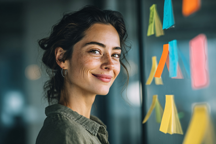 Businesswoman Using Sticky Notes on Glass