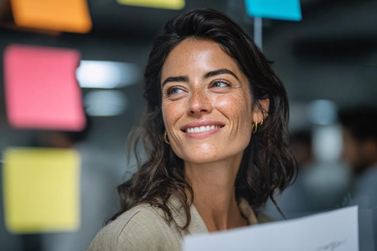 Businesswoman Using Sticky Notes on Glass