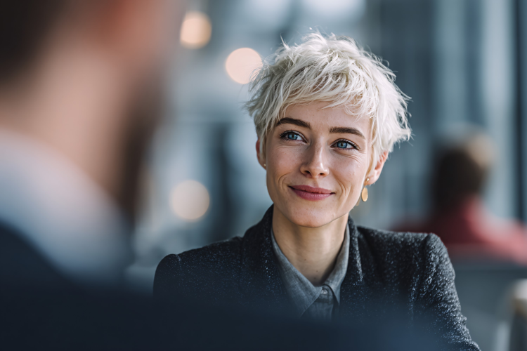 Woman with White Hair in Meeting