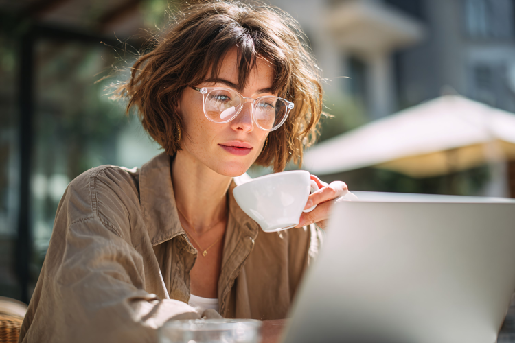 Woman Working Outdoors with Coffee
