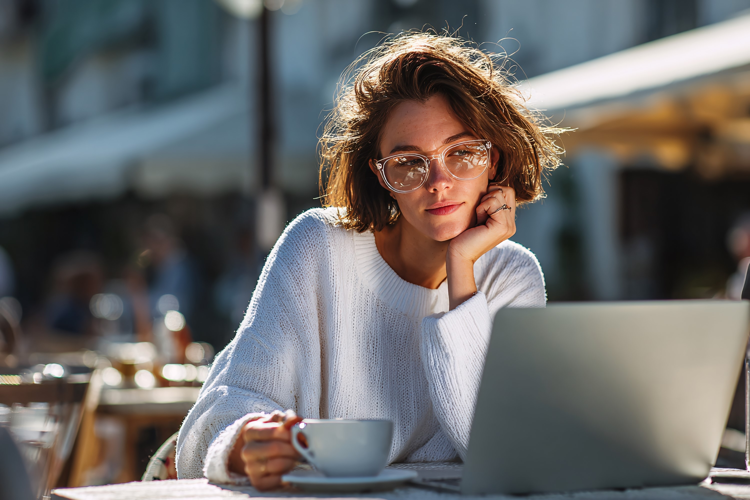 Young Woman with Laptop and Coffee Outdoors