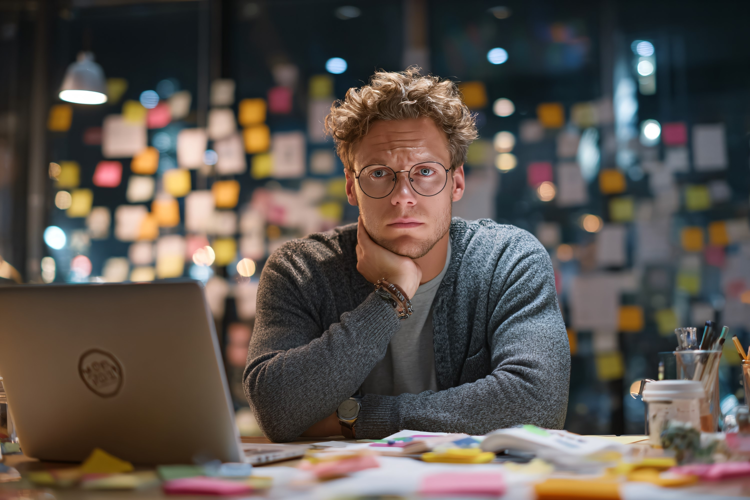 Stressed Man Working Late in Office