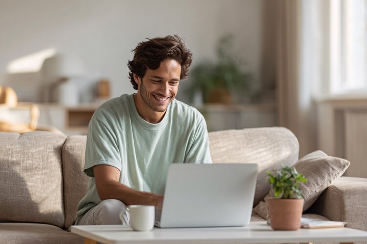 Smiling Man Working on Laptop at Home example image 1