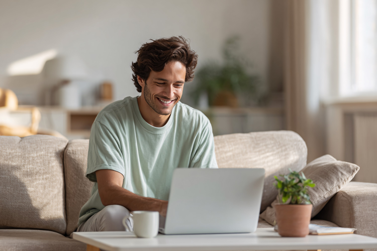Smiling Man Working on Laptop at Home
