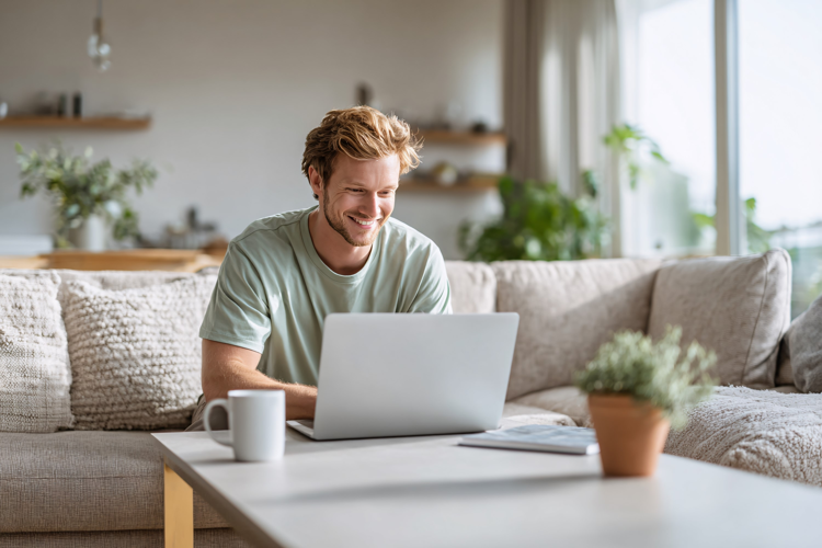 Young Man Working Happily from Home