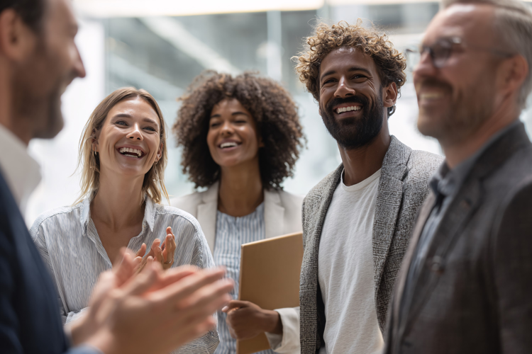 Diverse office team laughing and celebrating success