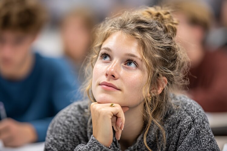 Curly-Haired Woman Listening in Classroom example image 1