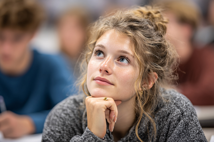 Curly-Haired Woman Listening in Classroom