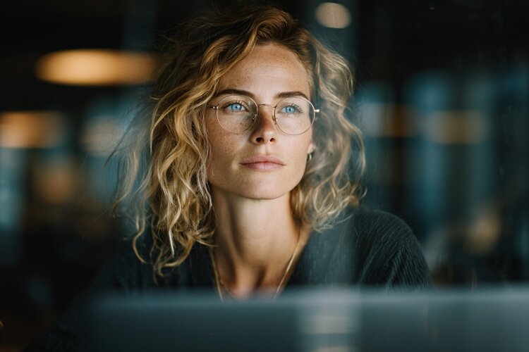 Woman Working on Laptop at Night example image 1