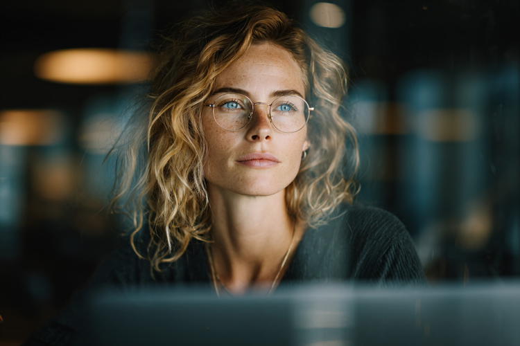 Woman Working on Laptop at Night