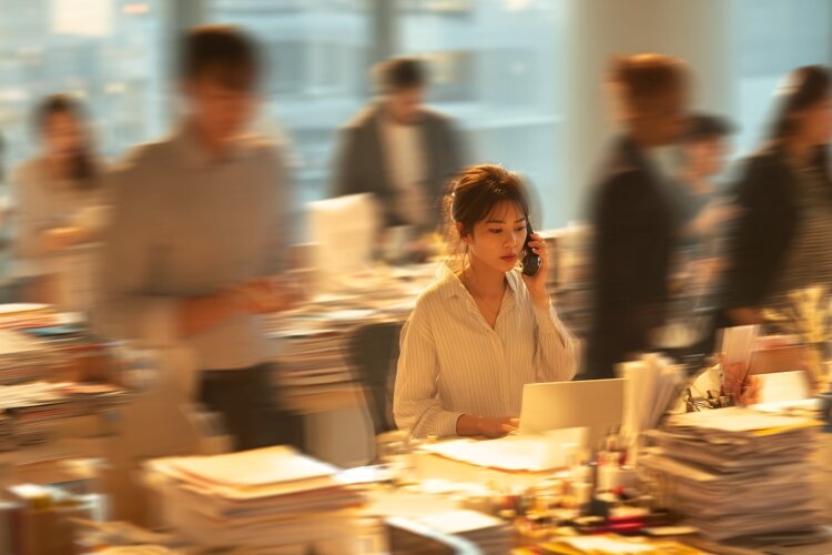 Stressed Businesswoman at Office Desk example image 1