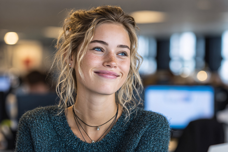 Smiling Woman in Modern Office Lounge