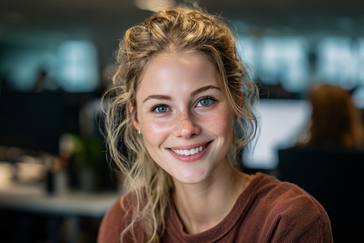 Smiling Woman in Modern Office Lounge