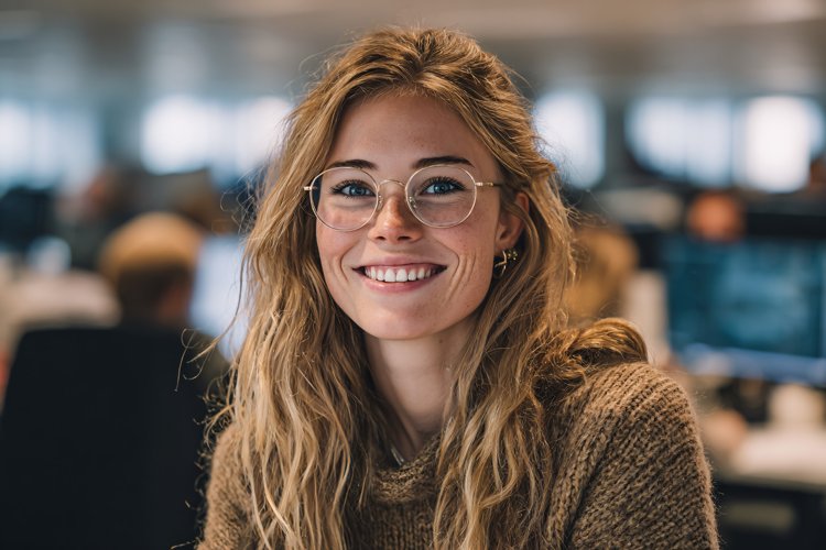 Smiling Woman in Modern Office Lounge