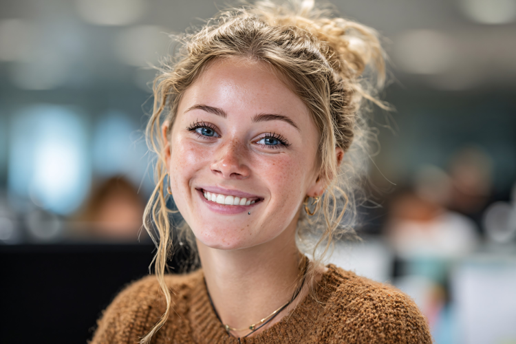 Smiling Woman in Modern Office Lounge