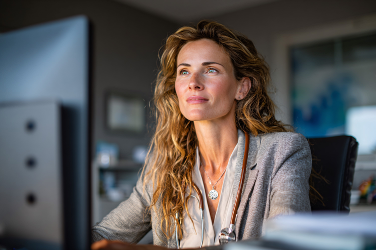 Blonde Woman Thinking in Modern Office