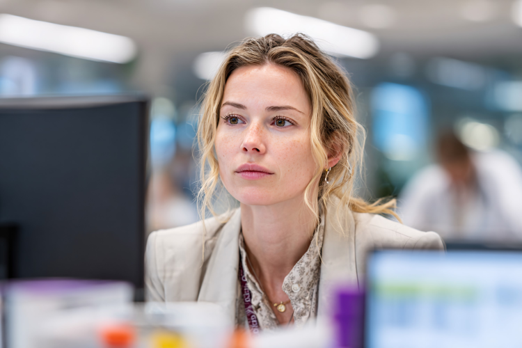 Blonde Woman Thinking in Modern Office