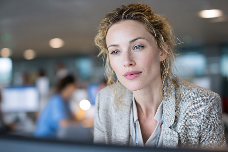 Blonde Woman Thinking in Modern Office