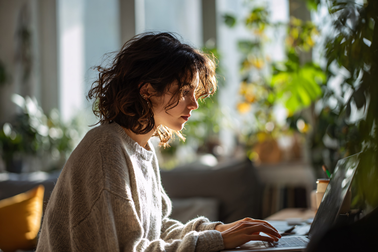 Woman Working on Laptop at Home