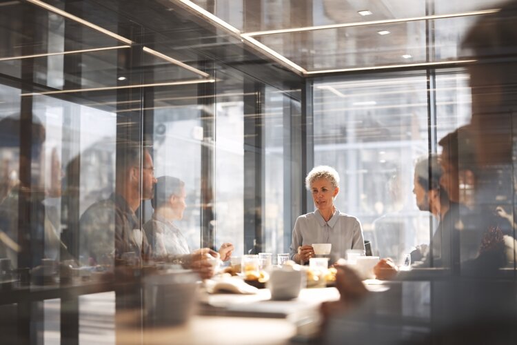 Diverse business team having a meeting in a modern glass example image 1