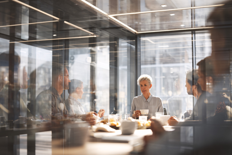 Diverse business team having a meeting in a modern glass