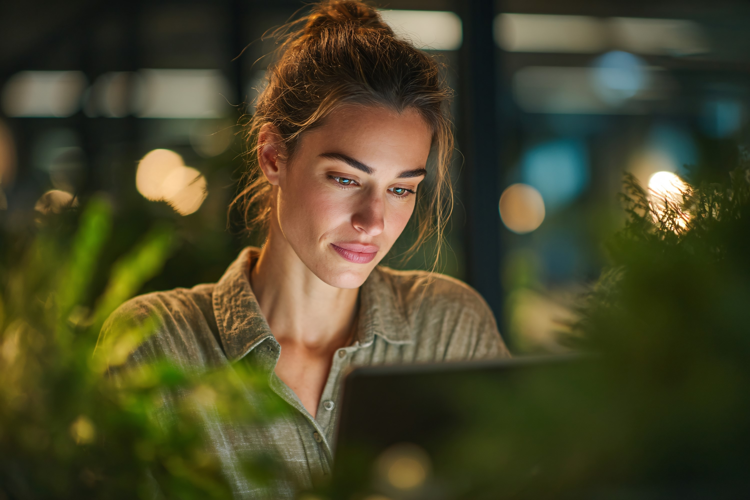 Happy Young Woman Working in Busy Office
