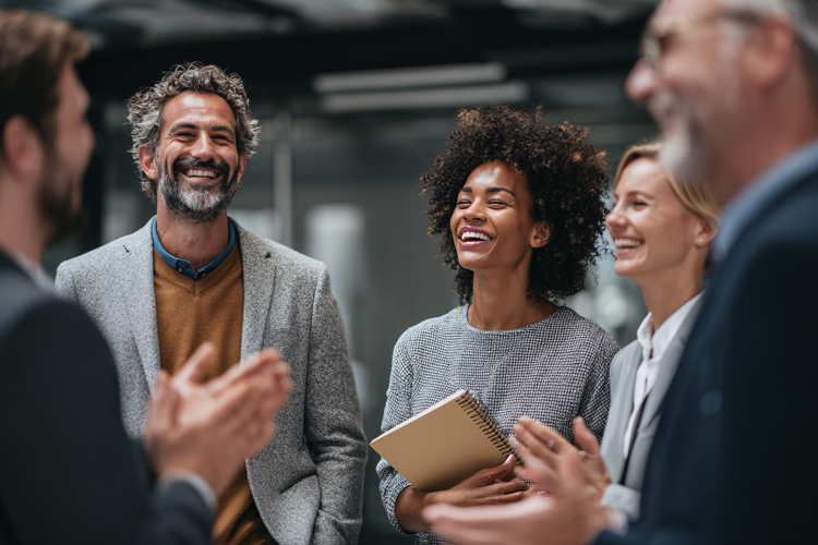 Diverse business team laughing happily during meeting, succe