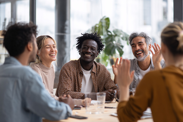 Diverse Office Team Collaborating Happily Around Table,