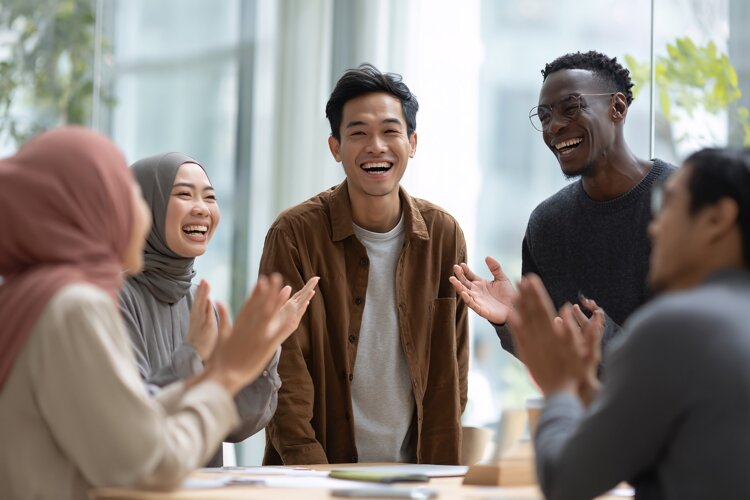 Diverse team celebrating success in modern office meeting, s example image 1