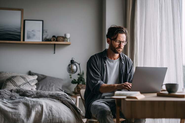 Man Working Remotely on Laptop in Modern Bedroom, Focused