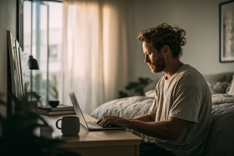 Man working on laptop at home, natural light, cozy bedroom