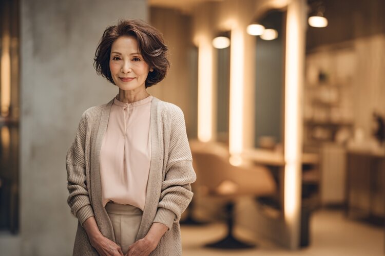 Elegant Mature Woman Smiling Confidently in Modern Salon example image 1