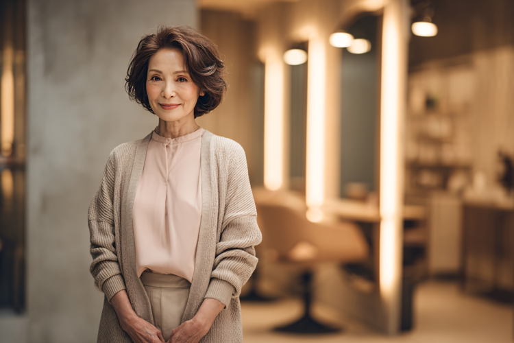 Elegant Mature Woman Smiling Confidently in Modern Salon