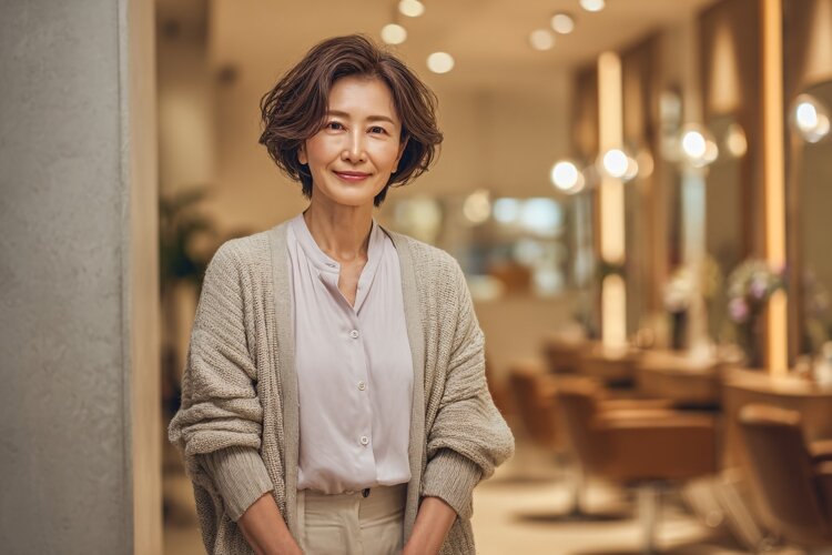 Mature Woman Smiling in Hair Salon, Confident Business Owner example image 1