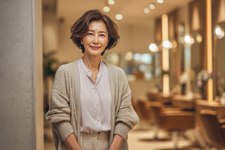 Mature Woman Smiling in Hair Salon, Confident Business Owner