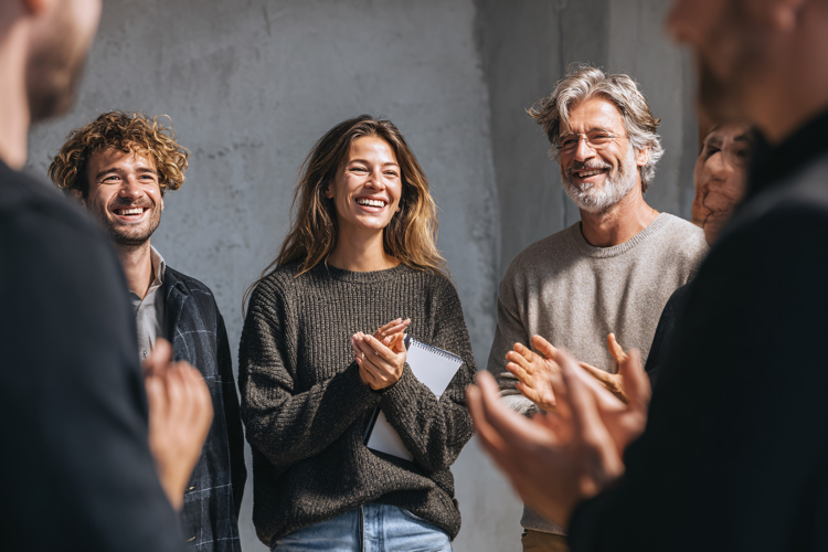 Diverse team celebrating success, clapping hands in modern