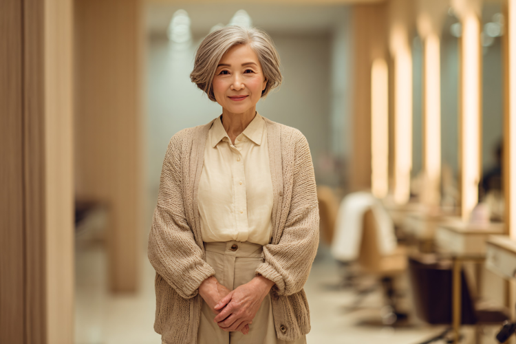 Elderly Japanese Woman Smiling in Modern Hair Salon, Elegant