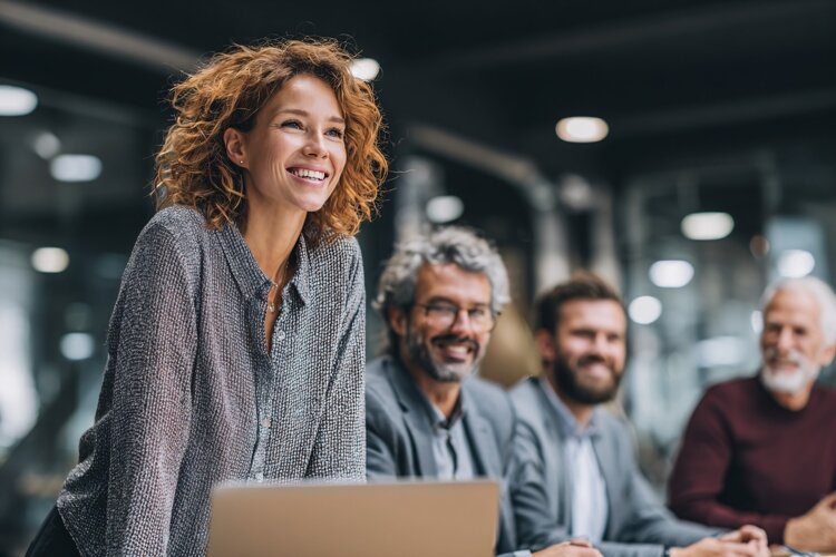Smiling businesswoman leading team meeting, diverse colleagu example image 1