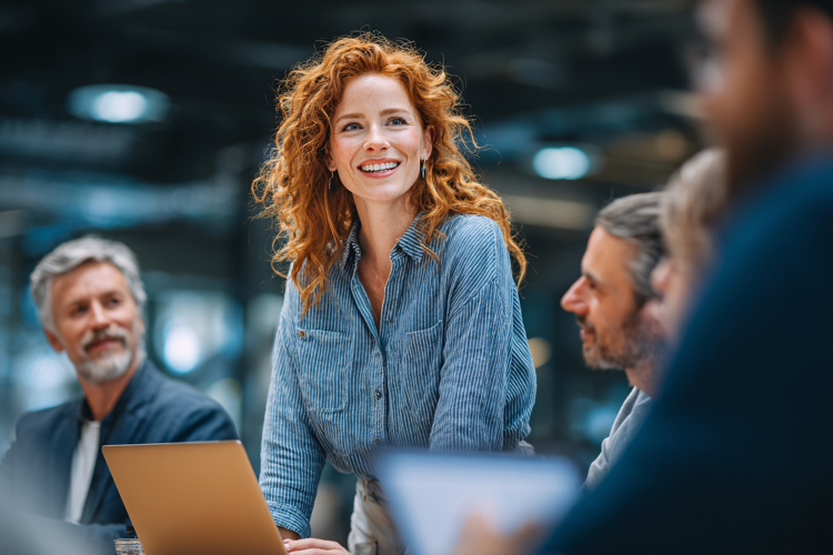Smiling Businesswoman Leading Meeting, Diverse Team Collabor