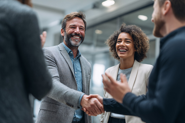 Diverse business team partners handshake in modern office