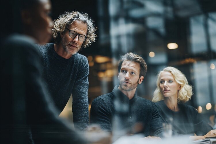 Diverse business team collaborating in modern office, discus example image 1