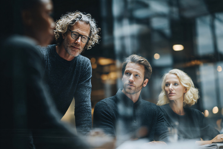 Diverse business team collaborating in modern office, discus