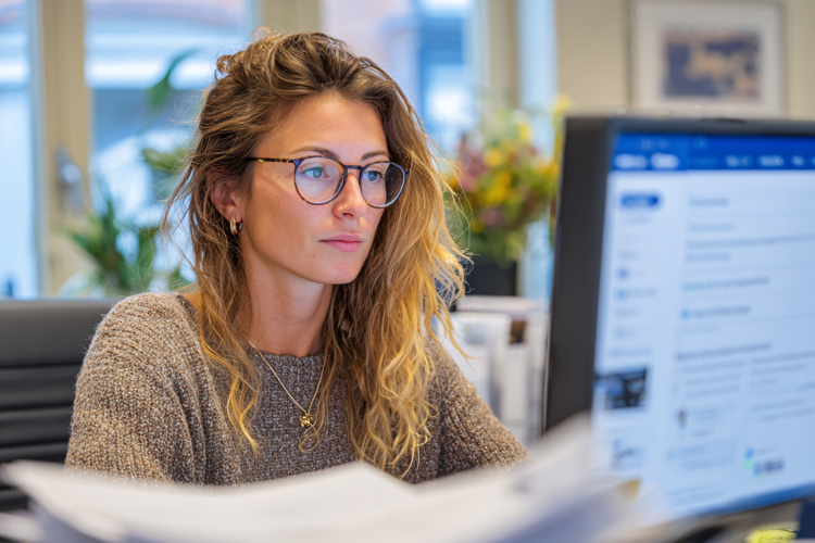 Focused Woman Working on Computer in Modern Office, Serious
